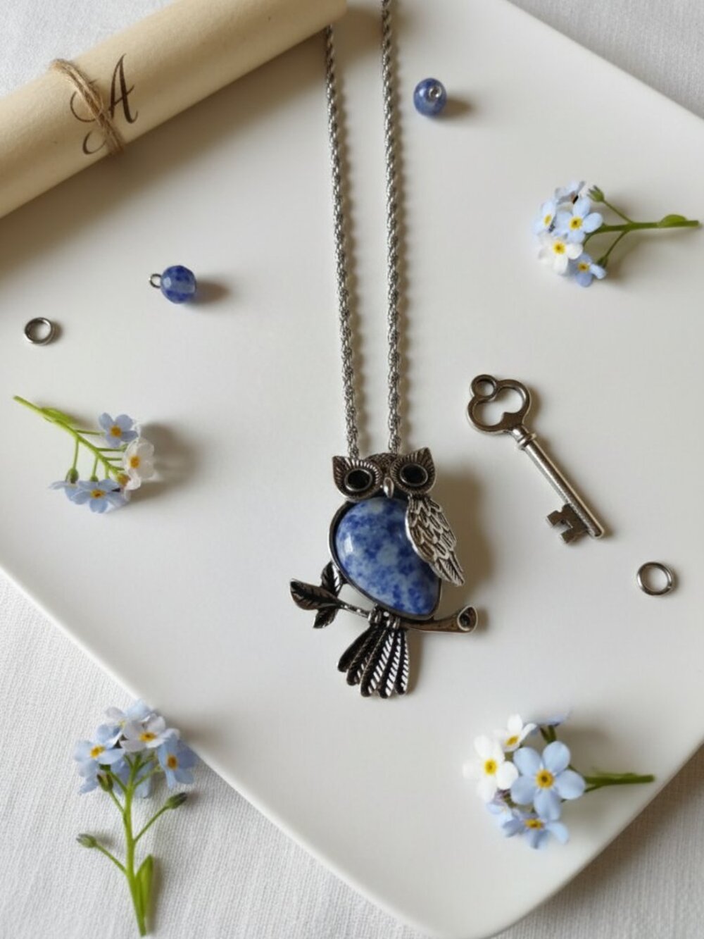 Blue Spot Jasper Owl Necklace | Zinc Alloy Owl Pendant | Dark Calm Necklace